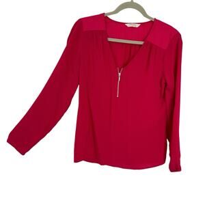 naf naf Paris Zipper V neck Silky Top Pink Long Sleeve EU 40 US 10 Pullover